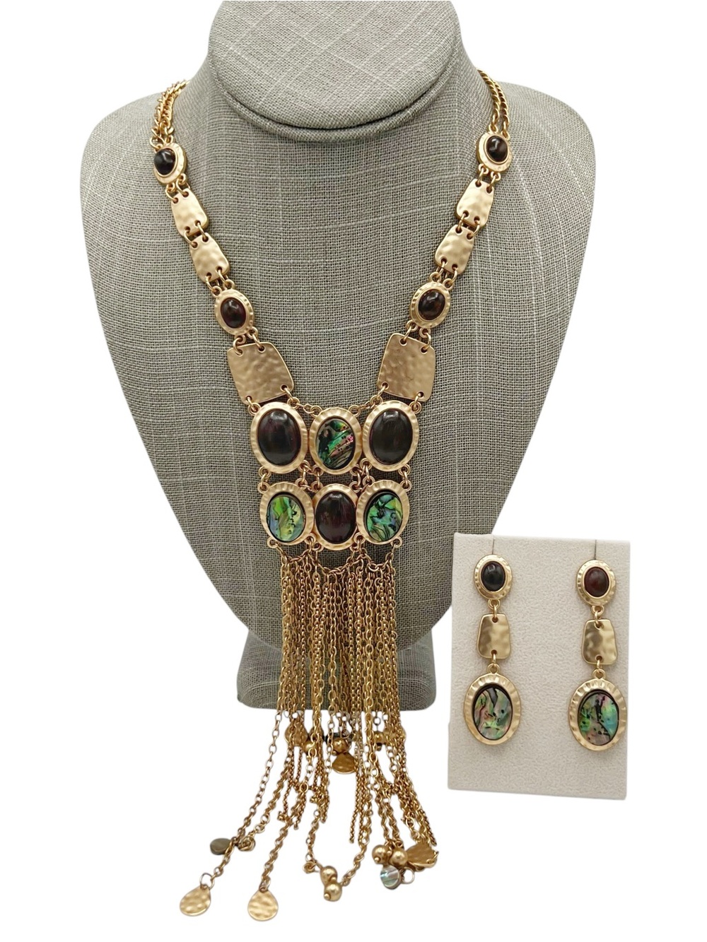 Matte Gold Faux Abalone Shell & Wooden  Boho Long Tassel Necklace & Earrings Set
